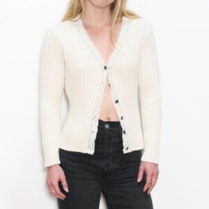 Vintage Y2K 90s Cream Ribbed Knit Lace Crochet Trim Button-Up Cardigan Size XL
